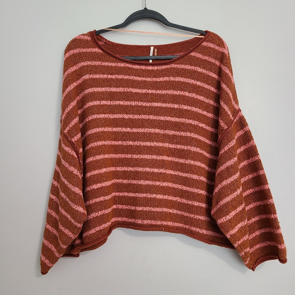 Free People Bardot Striped Cropped Oversized Crewneck Pullover Sweatshirt Top M